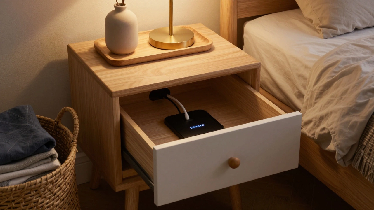 Nightstand with hidden charging drawer and small tray holding only a lamp and vase, no clutter visible.