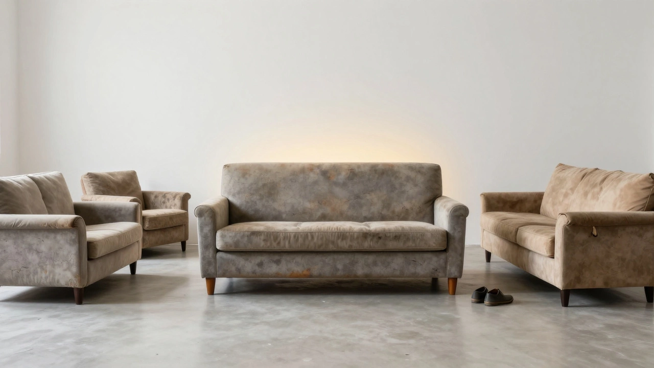 One lasting couch surrounded by three discarded, broken couches, symbolizing long-term value and sustainability.