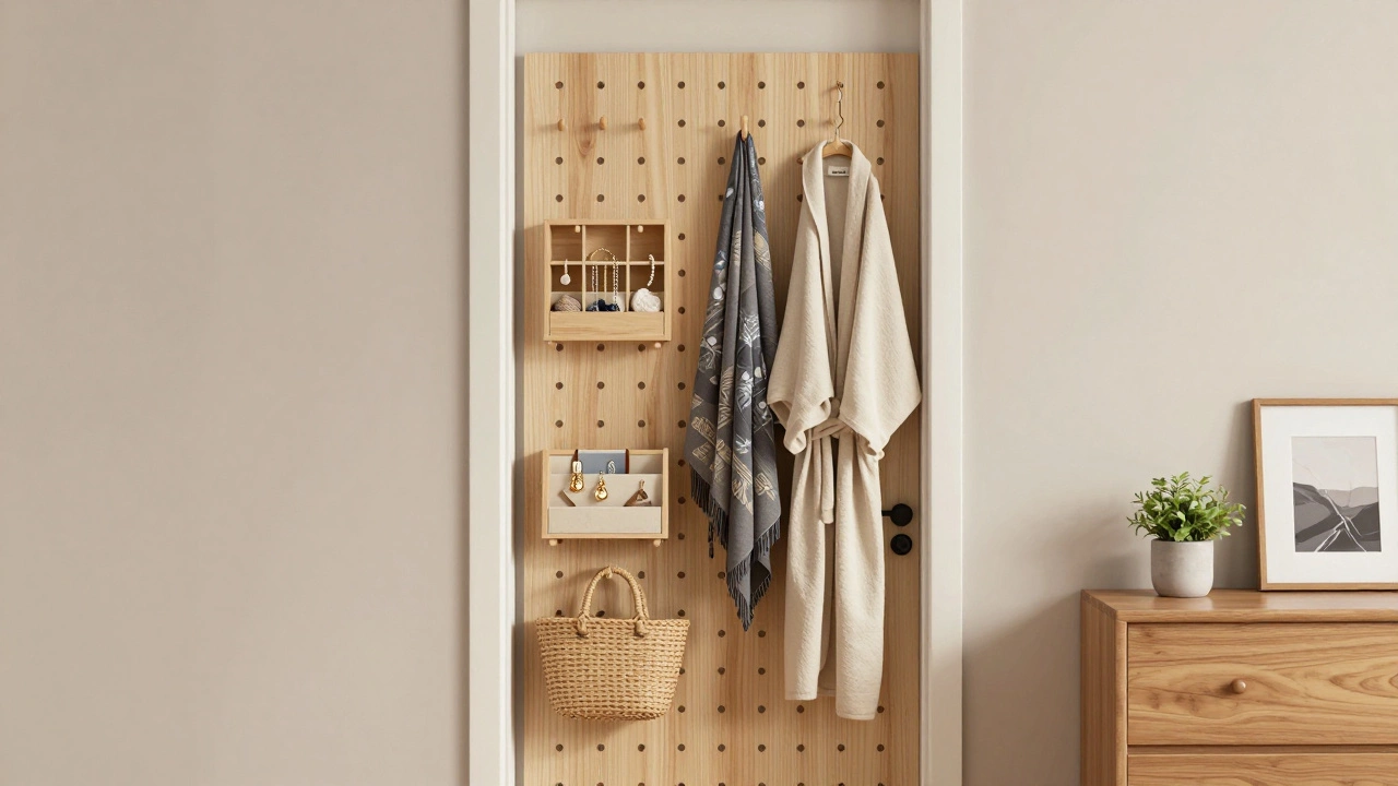 Pegboard behind a bedroom door holding robes, scarves, and jewelry organizers with minimal decor.