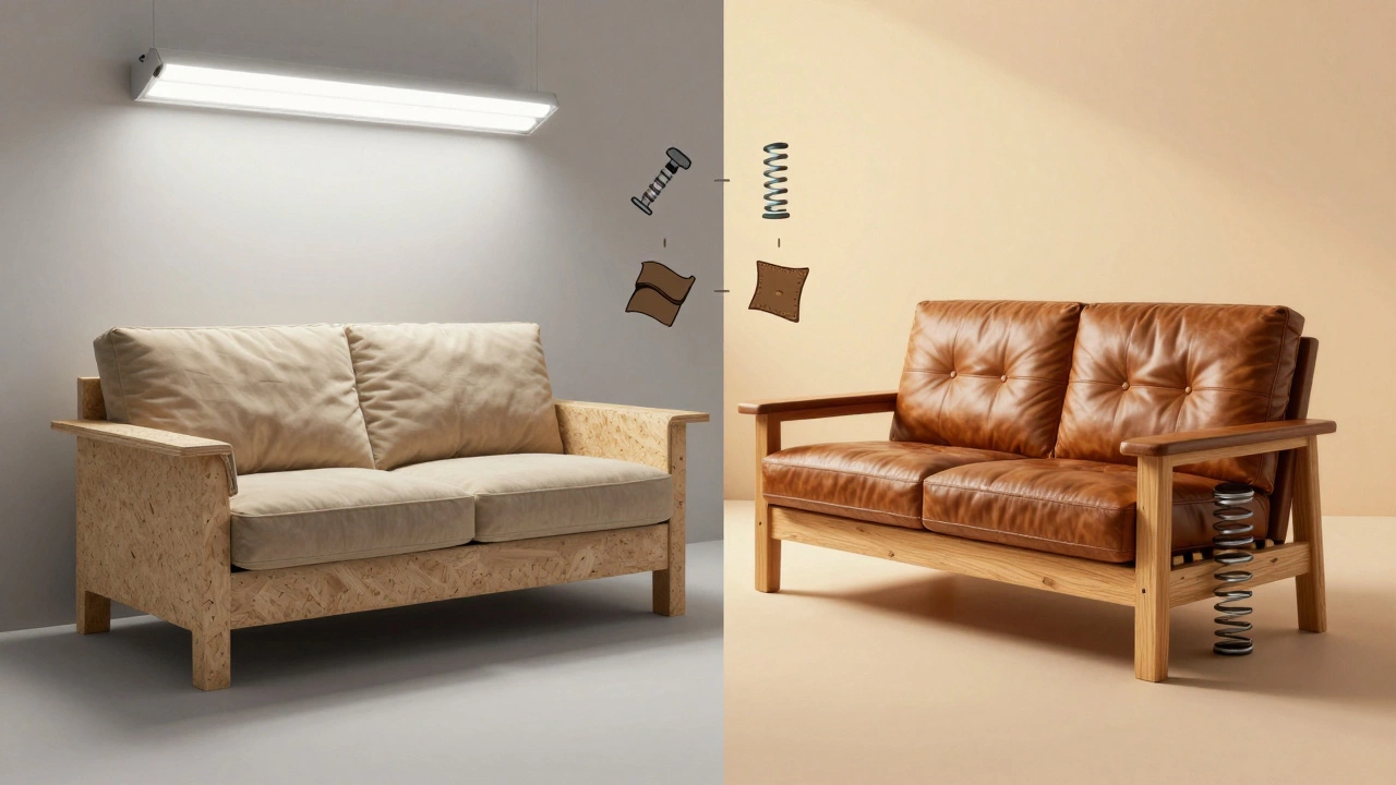 Side-by-side comparison of a cheap couch versus a durable, handcrafted couch with material details highlighted.