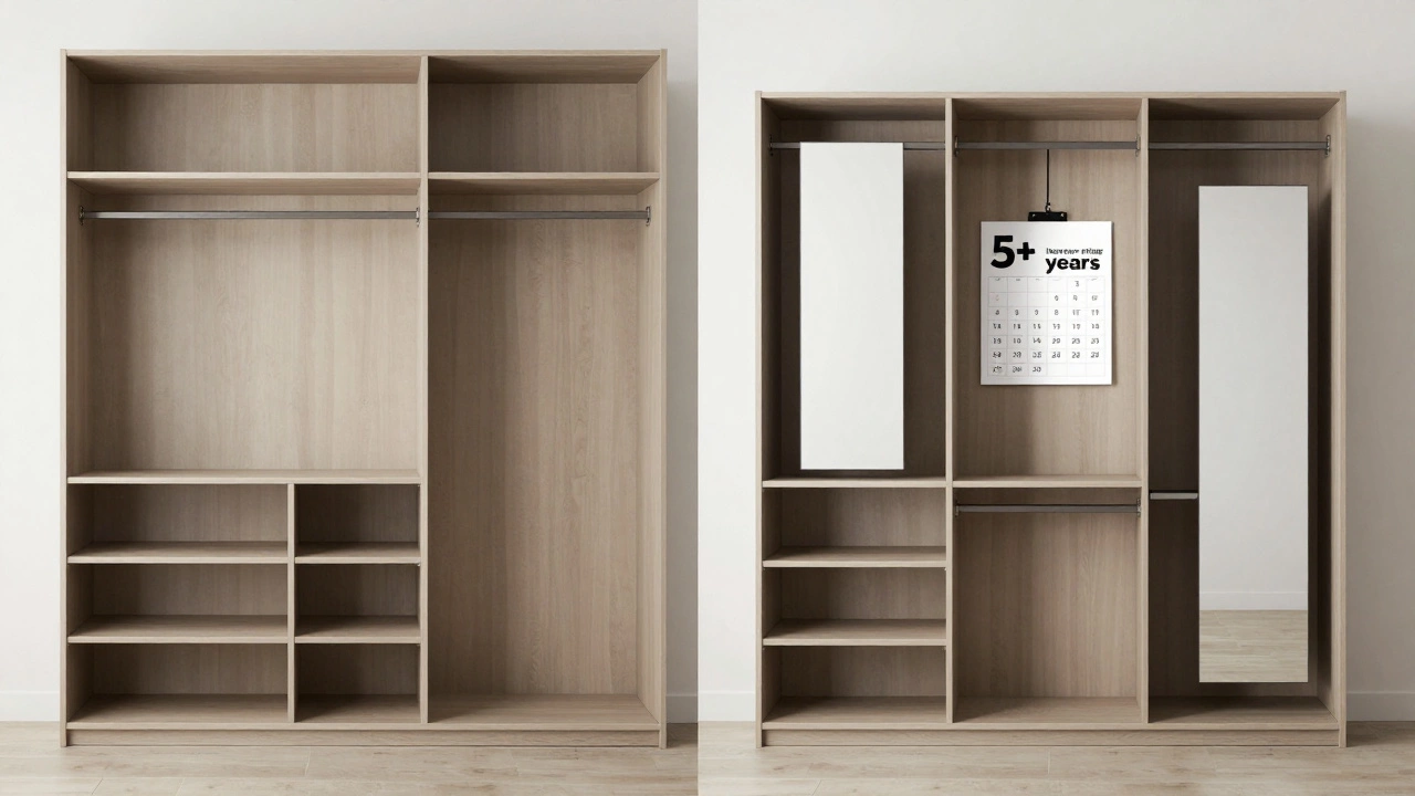 Side-by-side comparison of built-in and modular storage systems, both neatly organized.