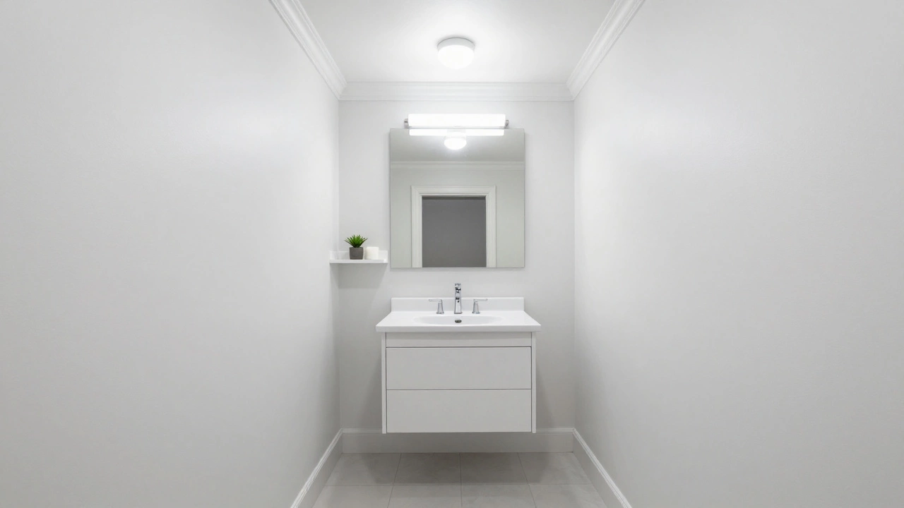 Small white bathroom with wall-mounted vanity and large mirror for added space.