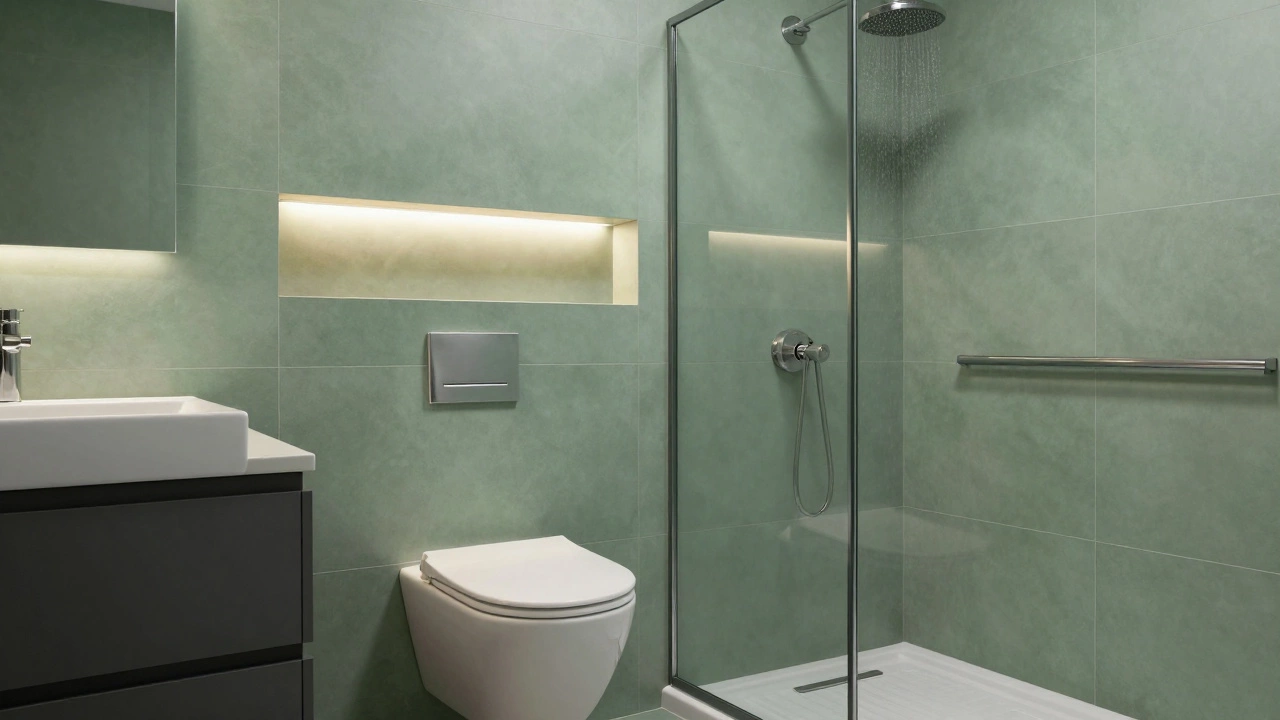 Spa-style bathroom with sage green tiles, charcoal vanity, and recessed lighting, creating a calm, clutter-free space.