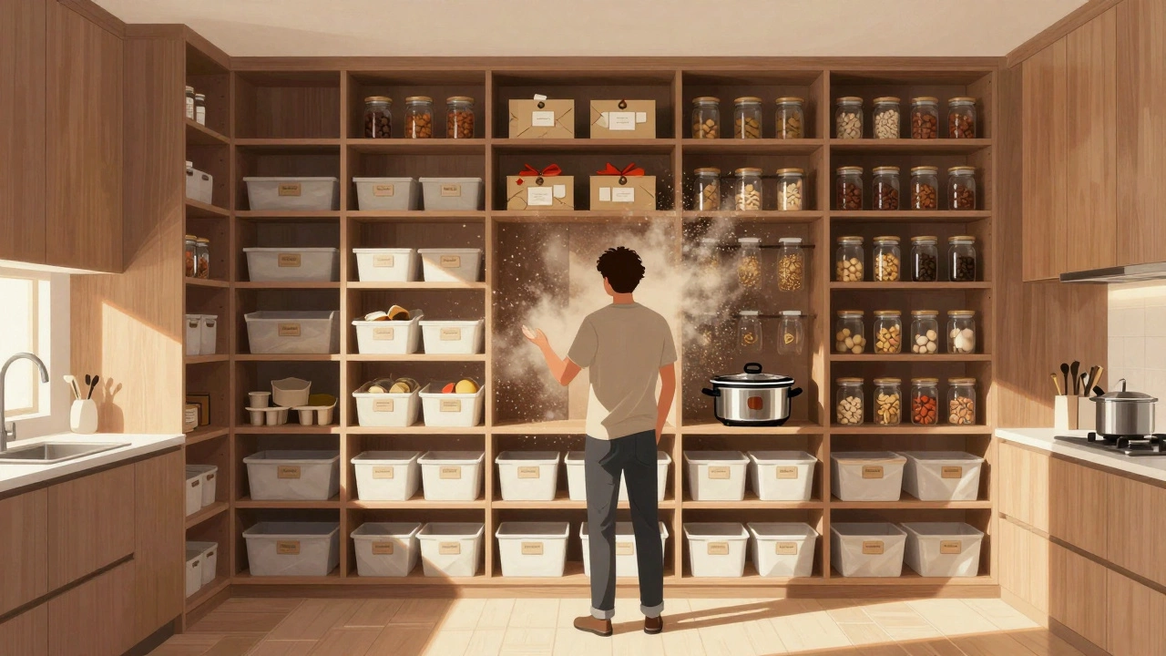 Spacious custom pantry nearly empty, holding only a slow cooker and two decorative boxes.