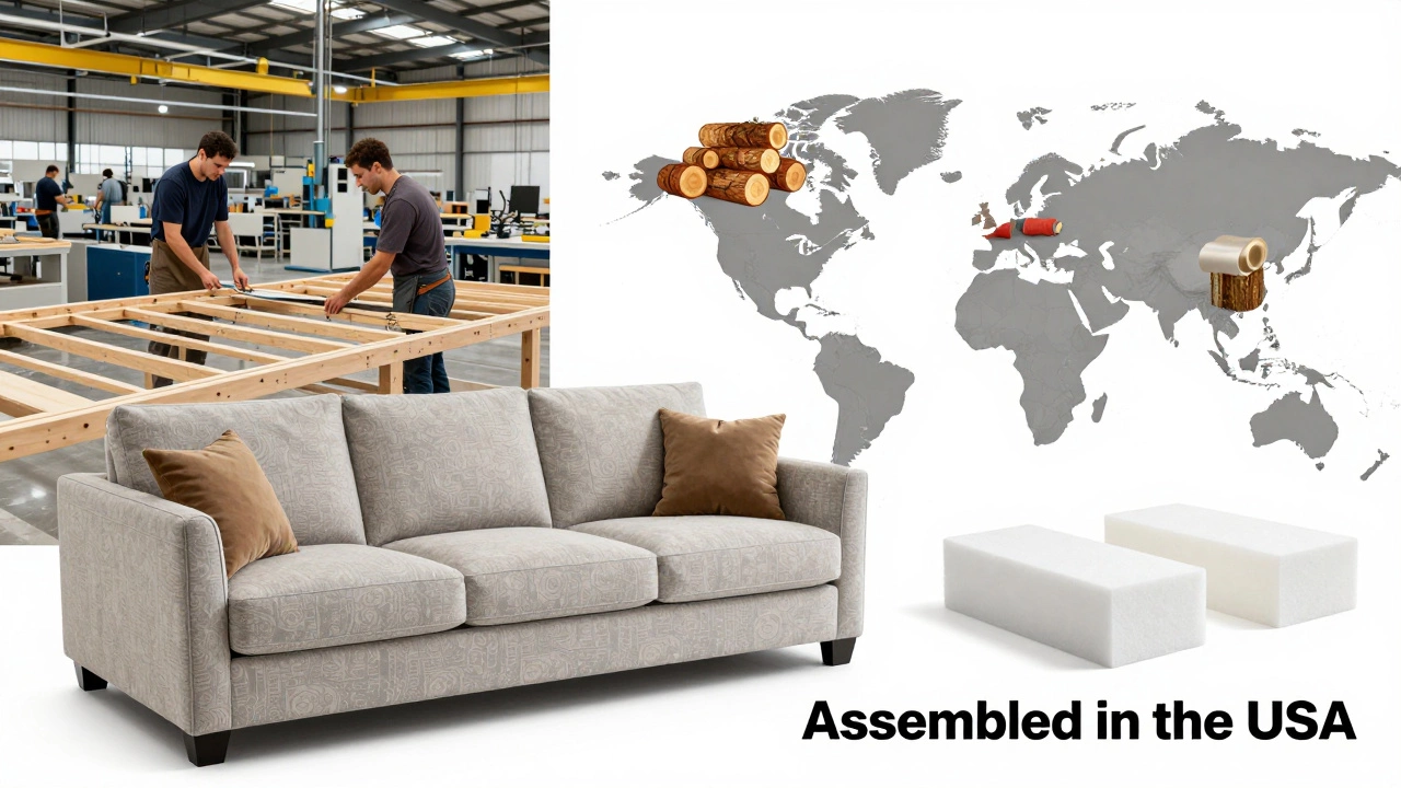 Split illustration showing U.S. assembly and global materials converging into one American-made sofa.