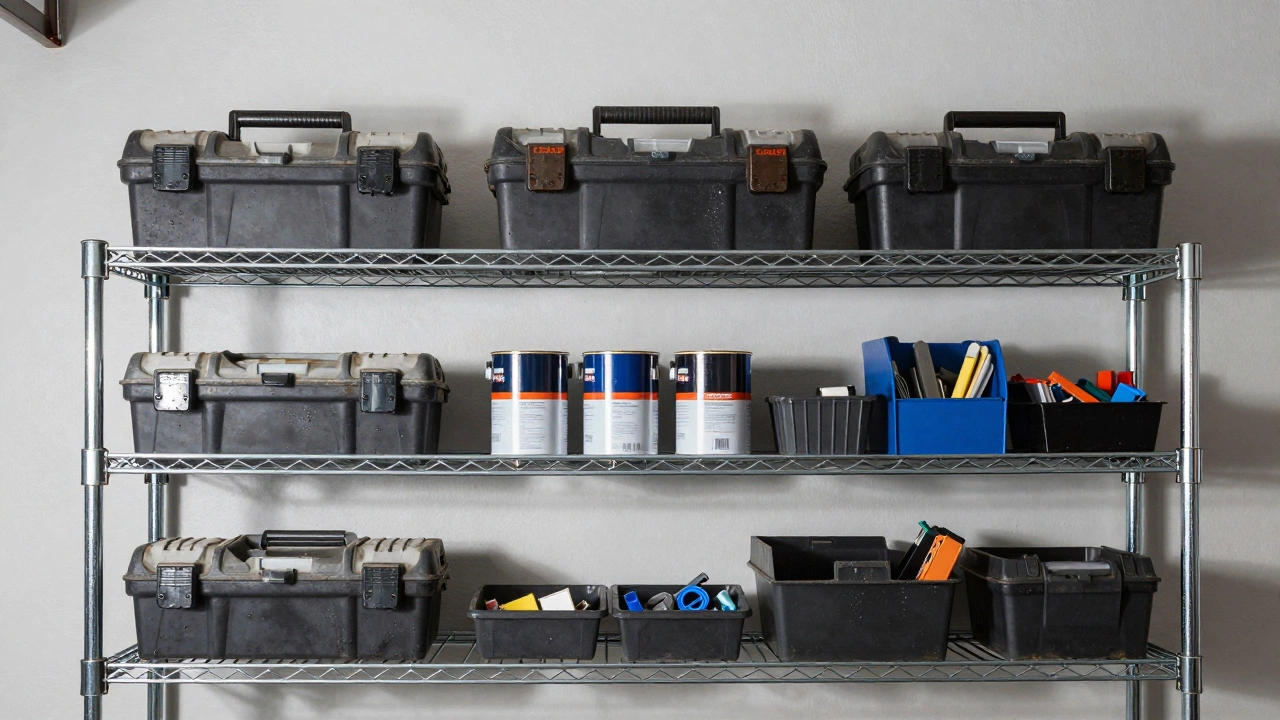 Steel wire shelves in a garage holding tools and paint cans.