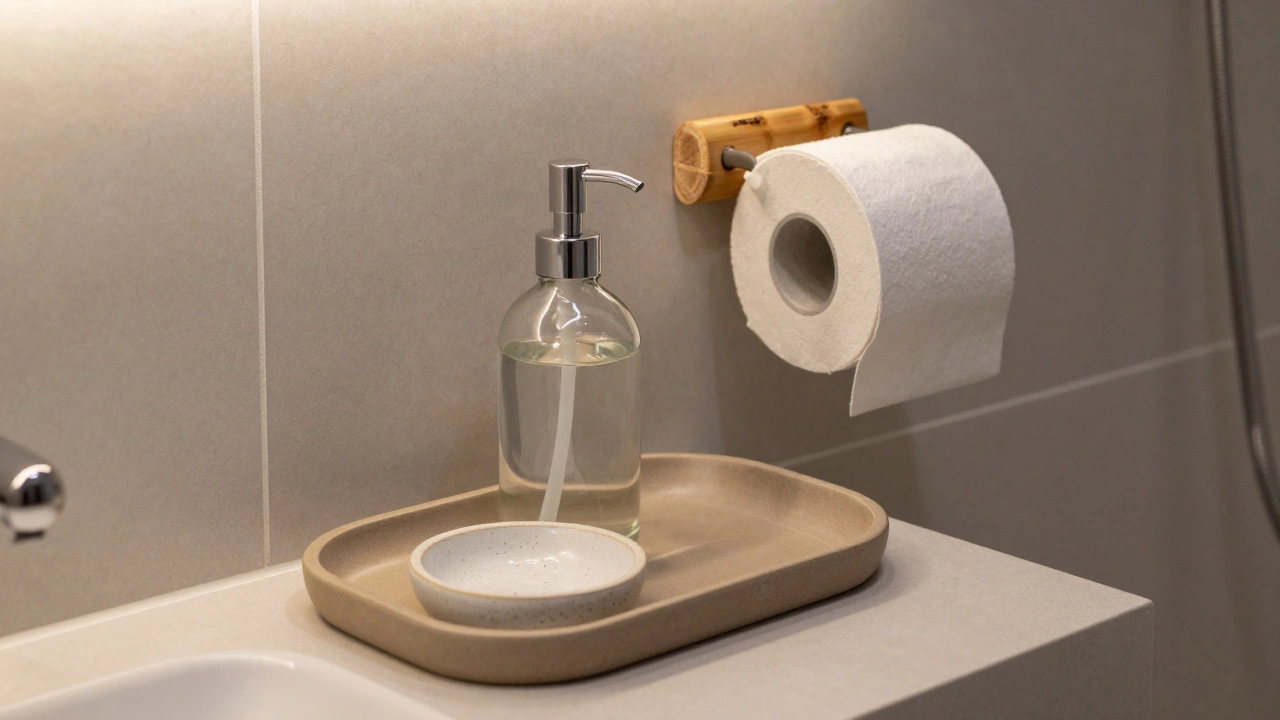 Sustainable bathroom accessories: glass soap dispenser, ceramic dish, and bamboo holder on a warm taupe tray.