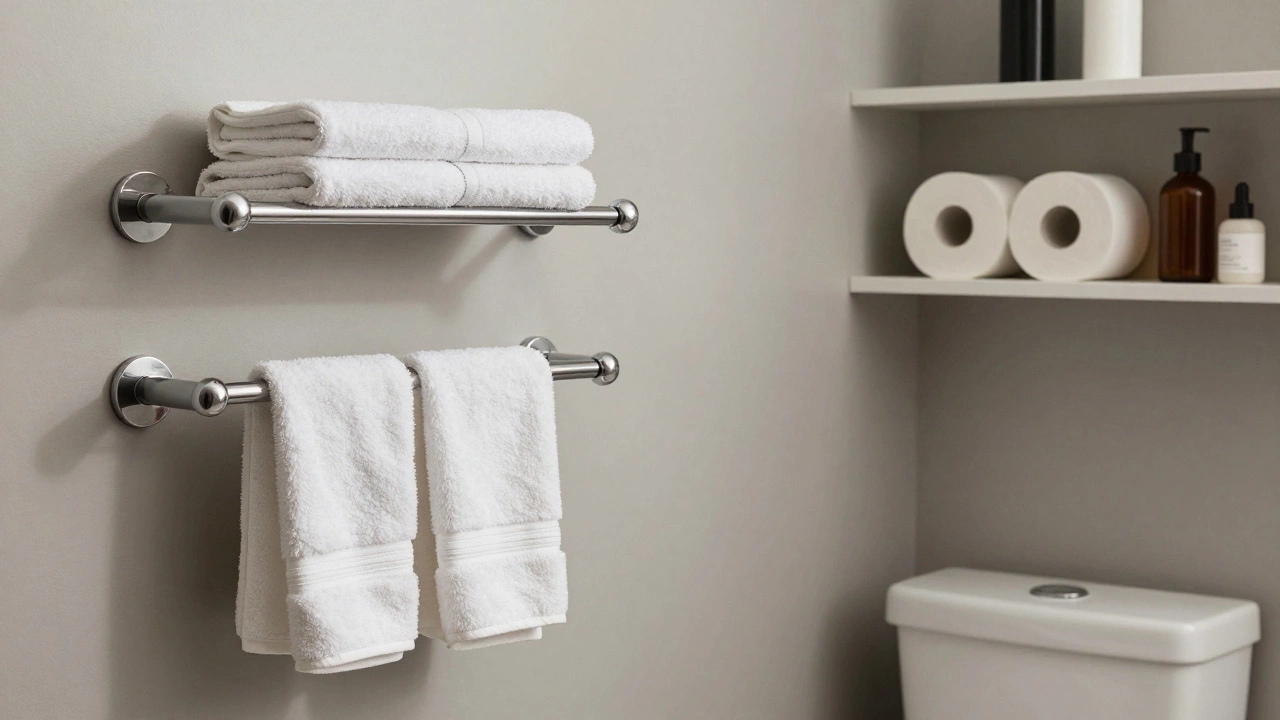 Wall-mounted towel bars and open shelves keeping towels and toiletries dry and organized.