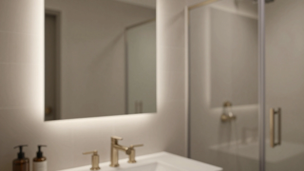 Warm greige bathroom with frameless mirror and brushed nickel fixtures.