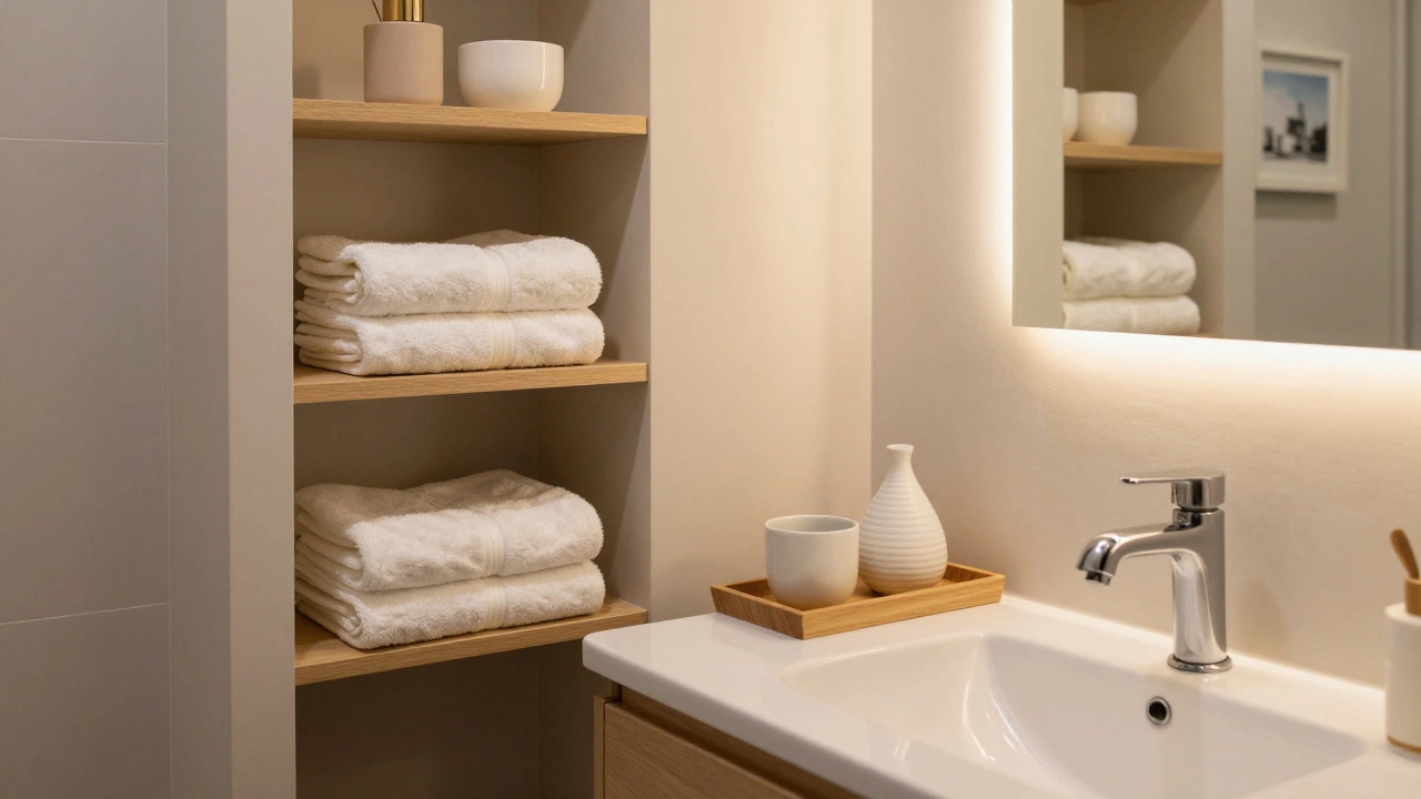 A compact bathroom with organized storage, a water fountain, and a personal photo by the mirror.