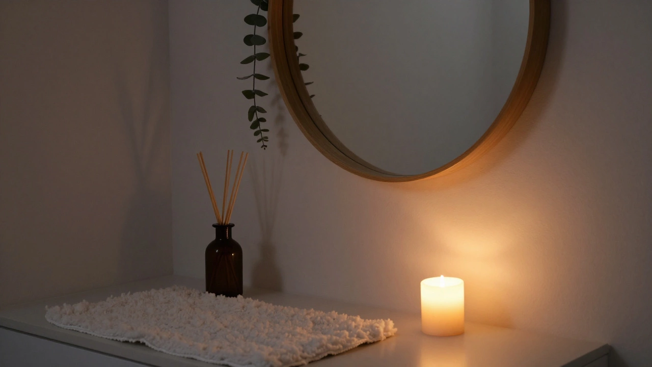 A cozy corner with a wooden mirror, eucalyptus branch, and glowing LED candle.