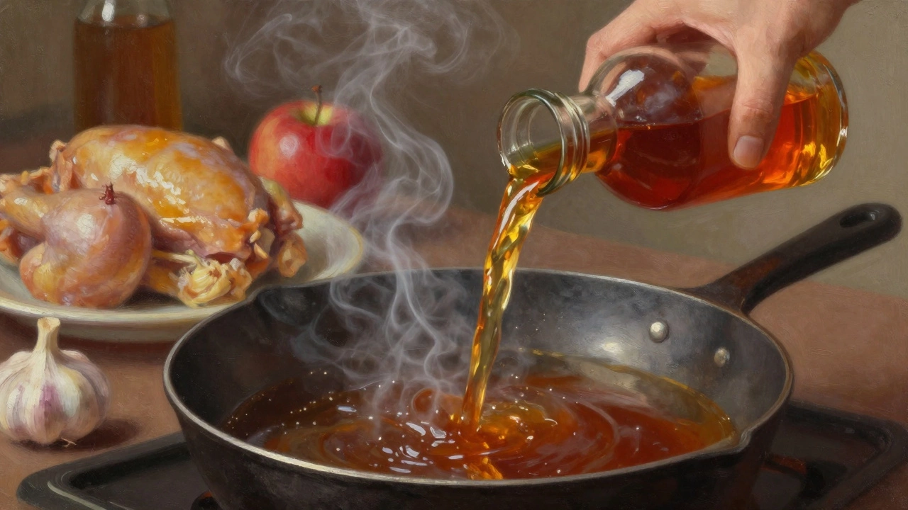 A hand pouring vinegar into a sizzling pan as fond dissolves into a rich, smoking sauce.