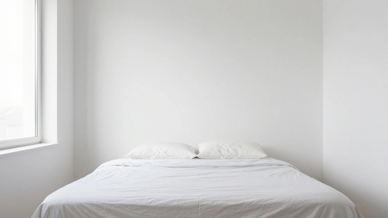 A minimalist bedroom with just one sheet and pillow, bathed in morning light, emphasizing simplicity and calm.