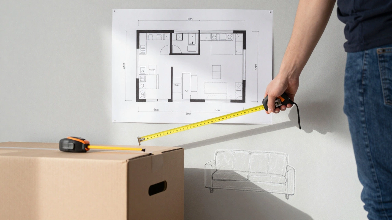 A person measuring a sofa box beside a floor plan sketch, checking room dimensions before purchase.