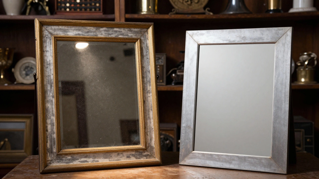 A rare 18th-century French mirror beside a modern one, highlighting craftsmanship differences.