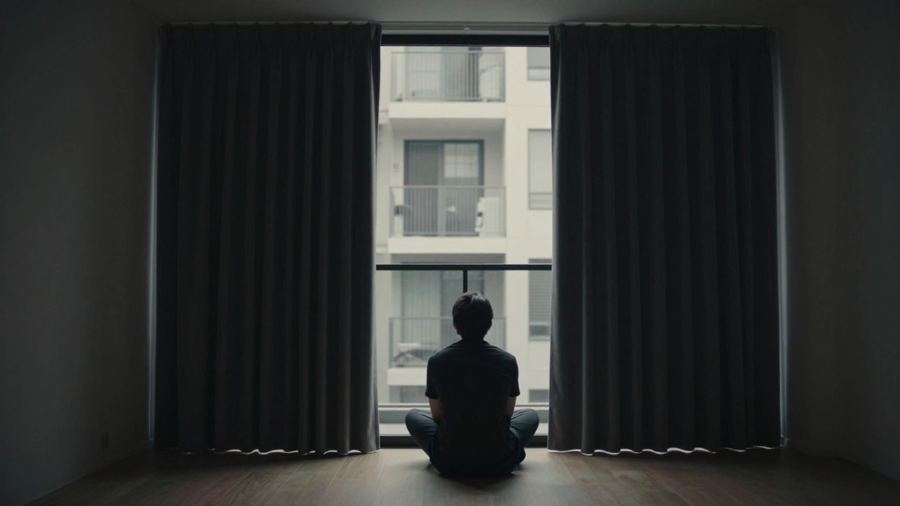 A small apartment room with heavy blackout curtains making the space feel closed-in and windowless.