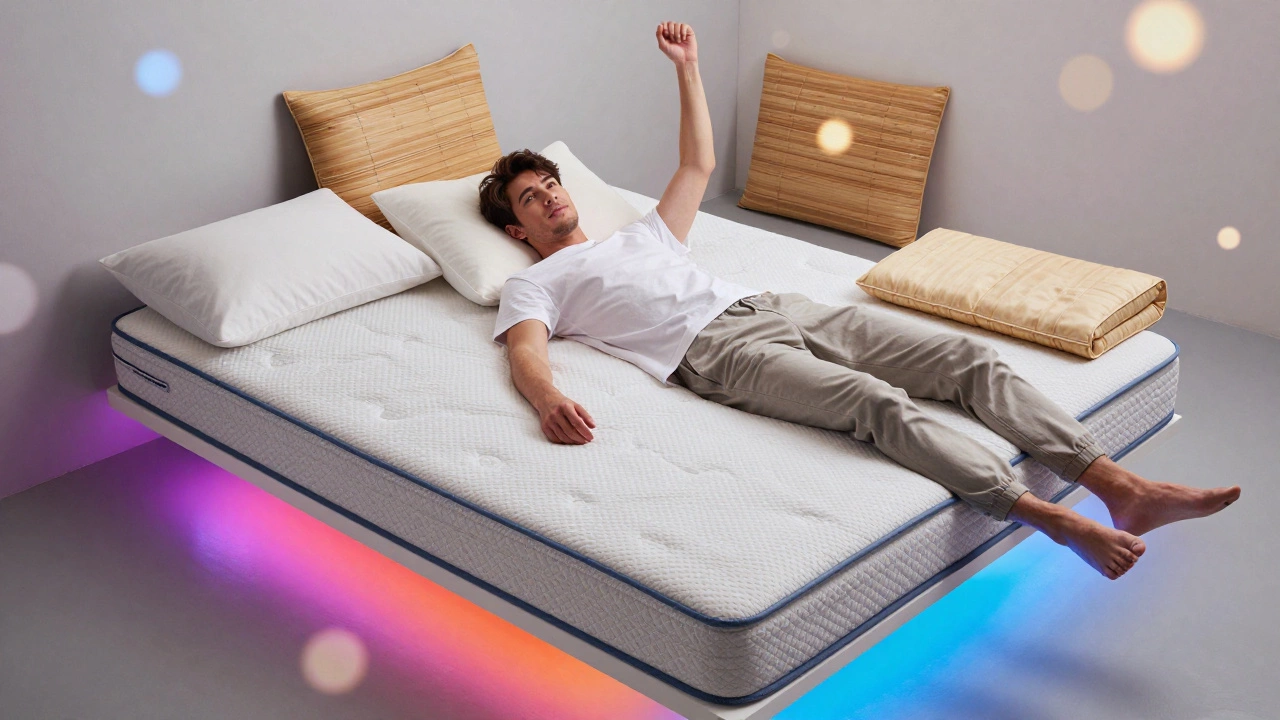 A young man surrounded by multiple trendy bedding items under glowing LED lights, reflecting a seasonal, identity-driven style.