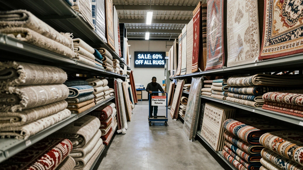 An empty warehouse with discounted rugs and a '60% Off' sale sign in January.