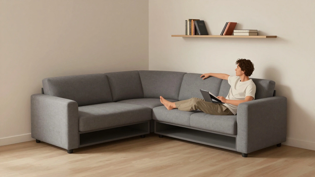 An L-shaped modular sofa in a corner with hidden storage, fitting neatly in a compact apartment space.