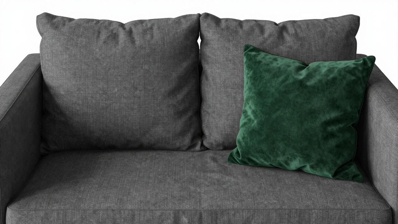 Charcoal sofa with smooth linen and velvet textured cushions in 70-30 ratio.