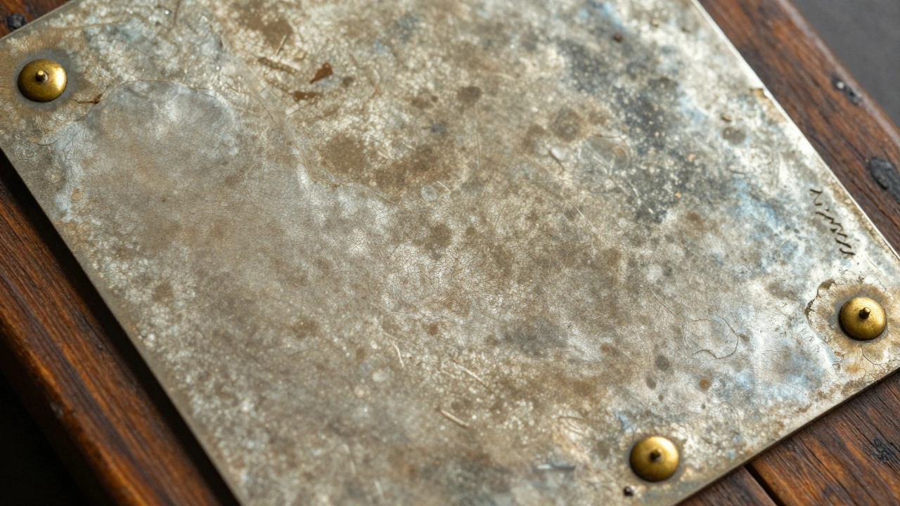 Close-up of an antique mirror's tarnished mercury backing with hand-forged brass pins and maker's stamp.