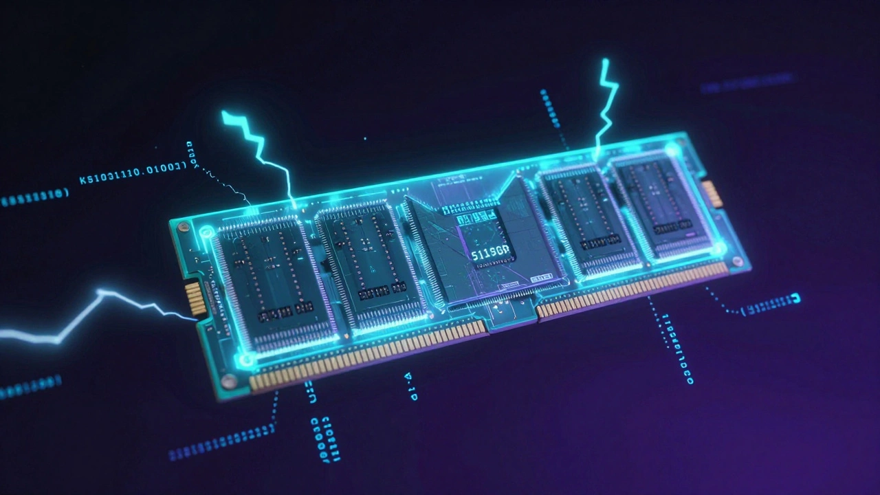 DRAM-based persistent memory module with correcting particles and neon lighting.