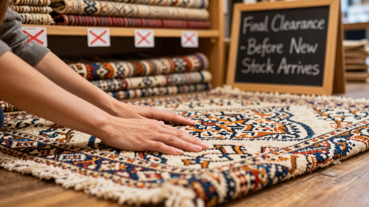 Hands touching a high-quality hand-knotted wool rug with clearance price tags in the background.