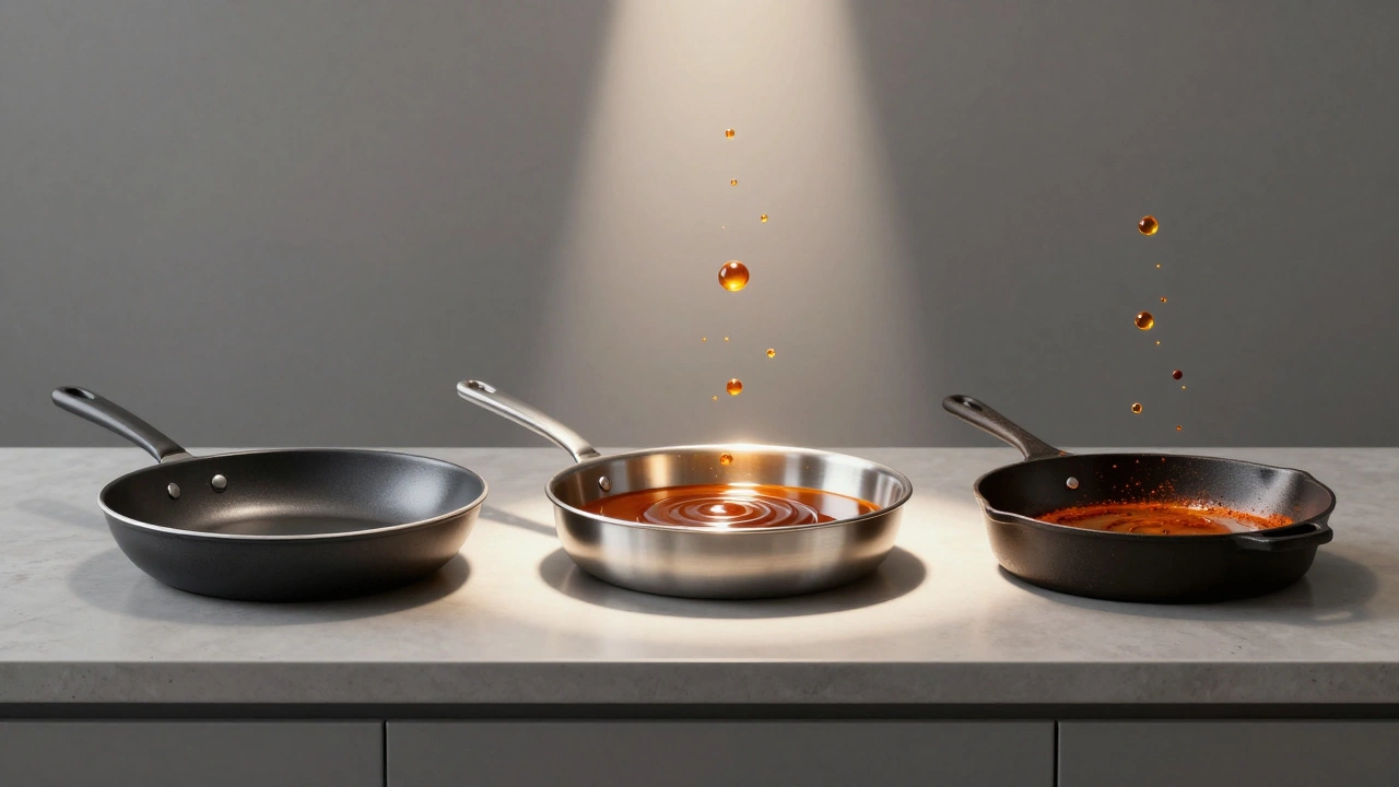 Three pans side by side: nonstick, stainless steel with fond, and cast iron, with glowing flavor particles rising from the middle.