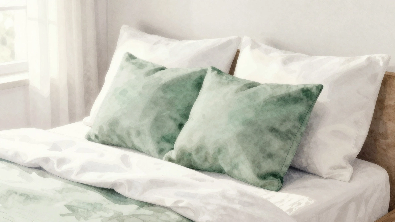 White bedding with two white and sage green pillows in bedroom.