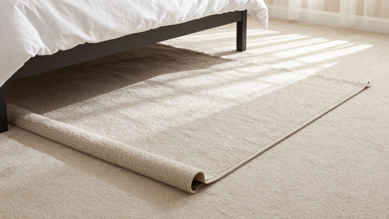 A thin rug under a bed with bound edges lying flat on carpet.