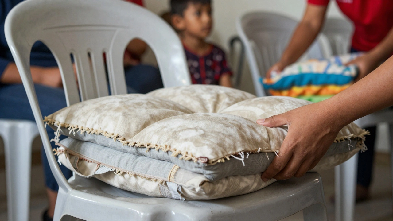 A worn, torn cushion on a plastic chair in a care home, with blurred residents in the background.