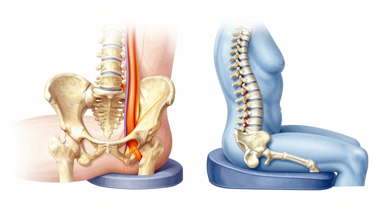 Anatomical cross-section showing how a wedge cushion reduces sciatic nerve pressure compared to a ring cushion.