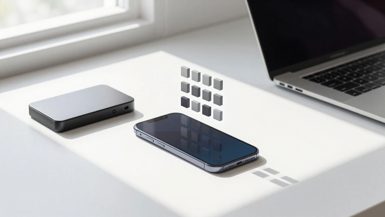 Clean workspace with phone and external drive showing organized digital blocks.