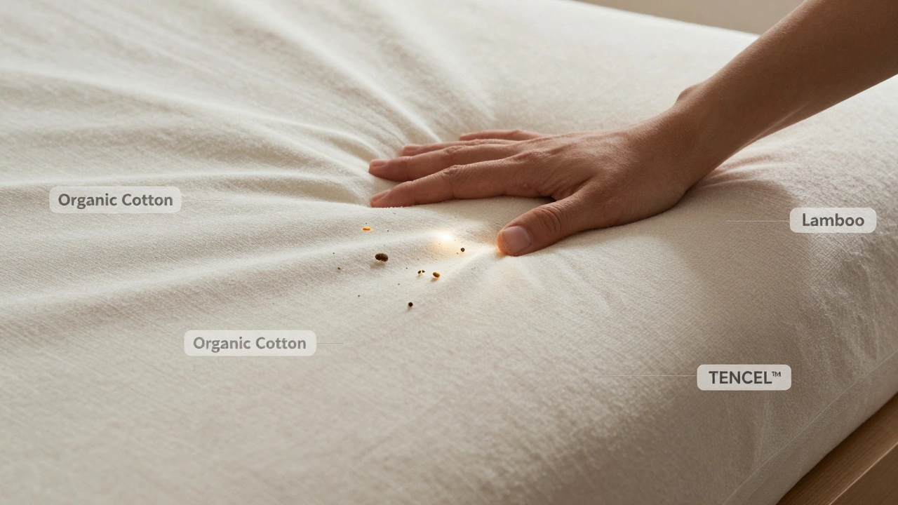 Close-up of hands adjusting a mattress protector, with microscopic allergens fading beneath organic fabric textures.