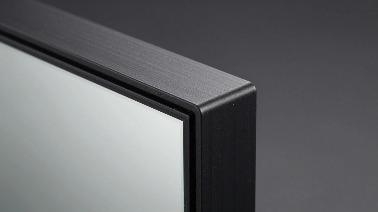 Close up of textured matte black metal mirror frame