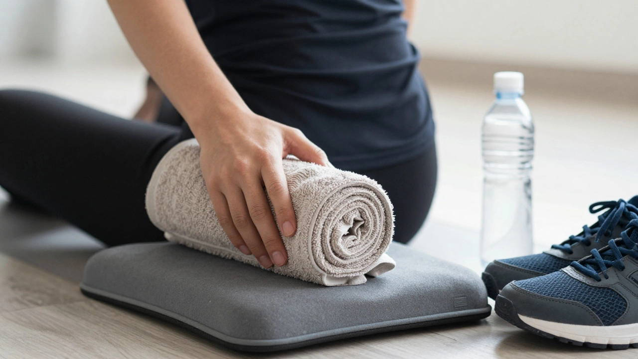 Hand placing a towel behind the lower back while seated on a supportive sciatica cushion.