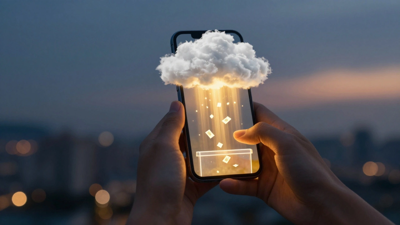 Hands holding phone transferring data streams to clouds in twilight sky.