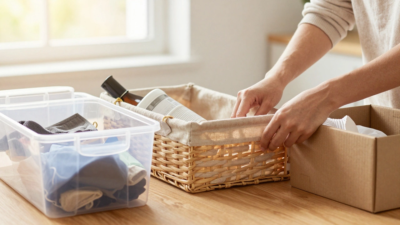 Hands sorting belongings into three separate storage bins on table.