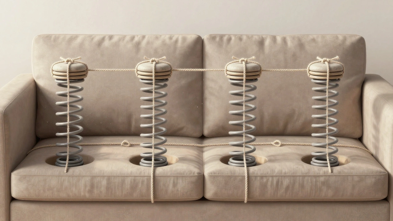 Internal view of hand-tied springs in a sofa seat, showing grid structure and cotton twine.