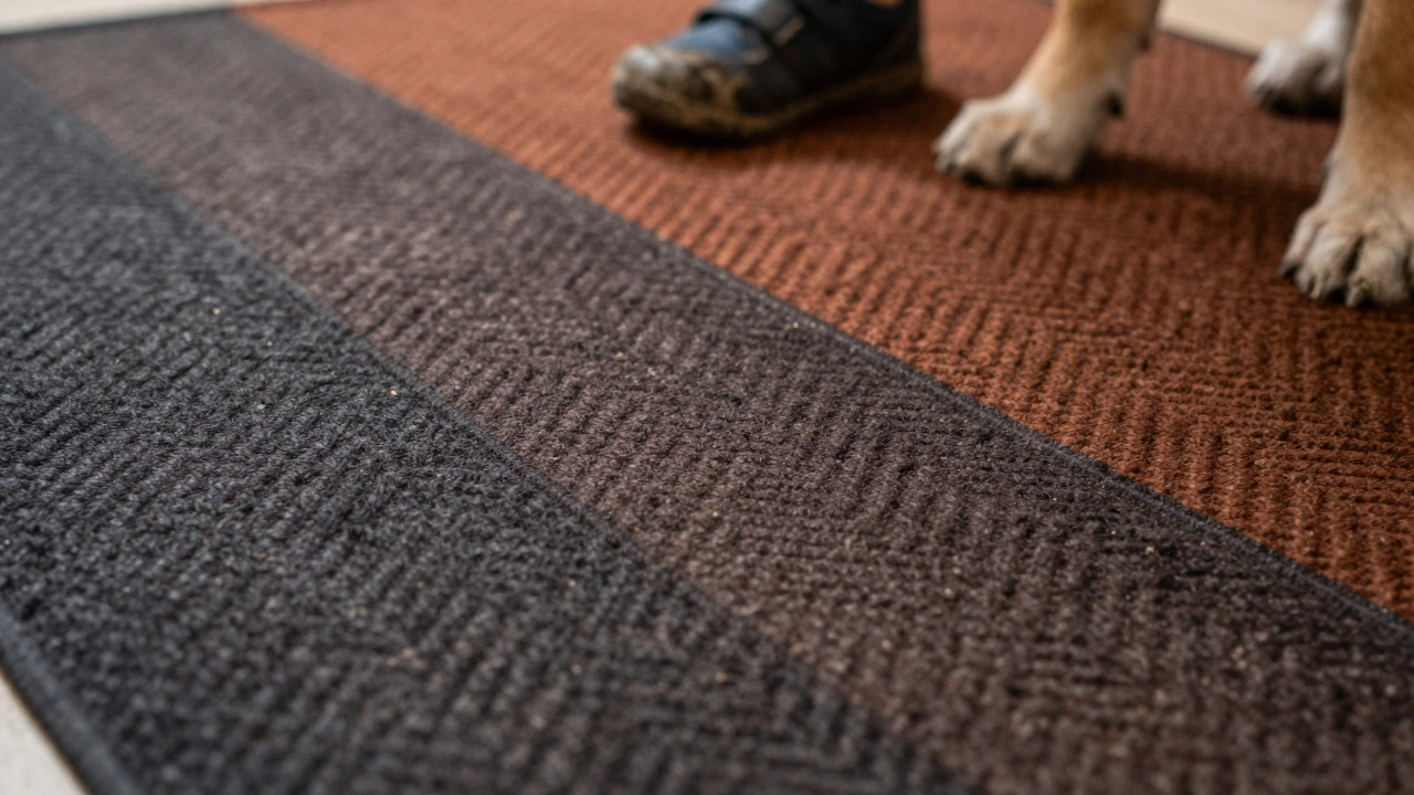 Multi-tonal rug with charcoal, brown, and rust patterns hiding dirt particles.