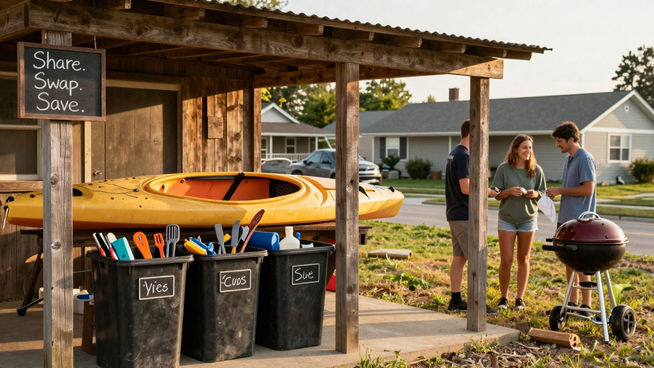 Neighbors exchanging tools at a shared community storage shed with outdoor equipment visible.
