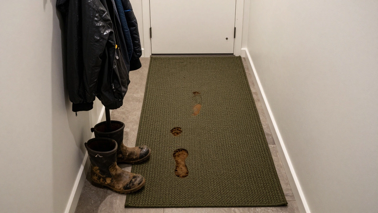 Olive-green braided rug at a hallway entrance, masking tracked-in mud and footprints.