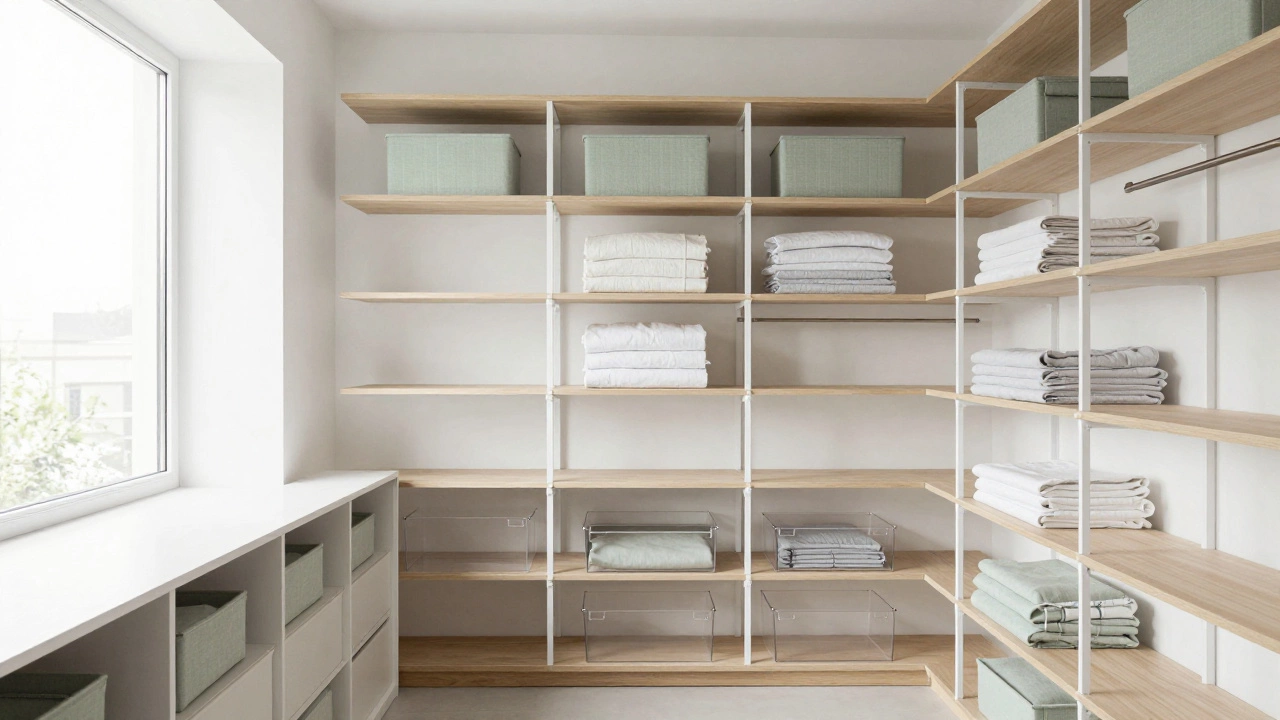 Organized closet shelves with neat fabric bins and natural light.