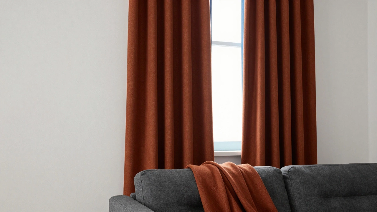 Rust-colored curtains echoing a throw blanket, connected to charcoal sofa and warm white walls through subtle color harmony.
