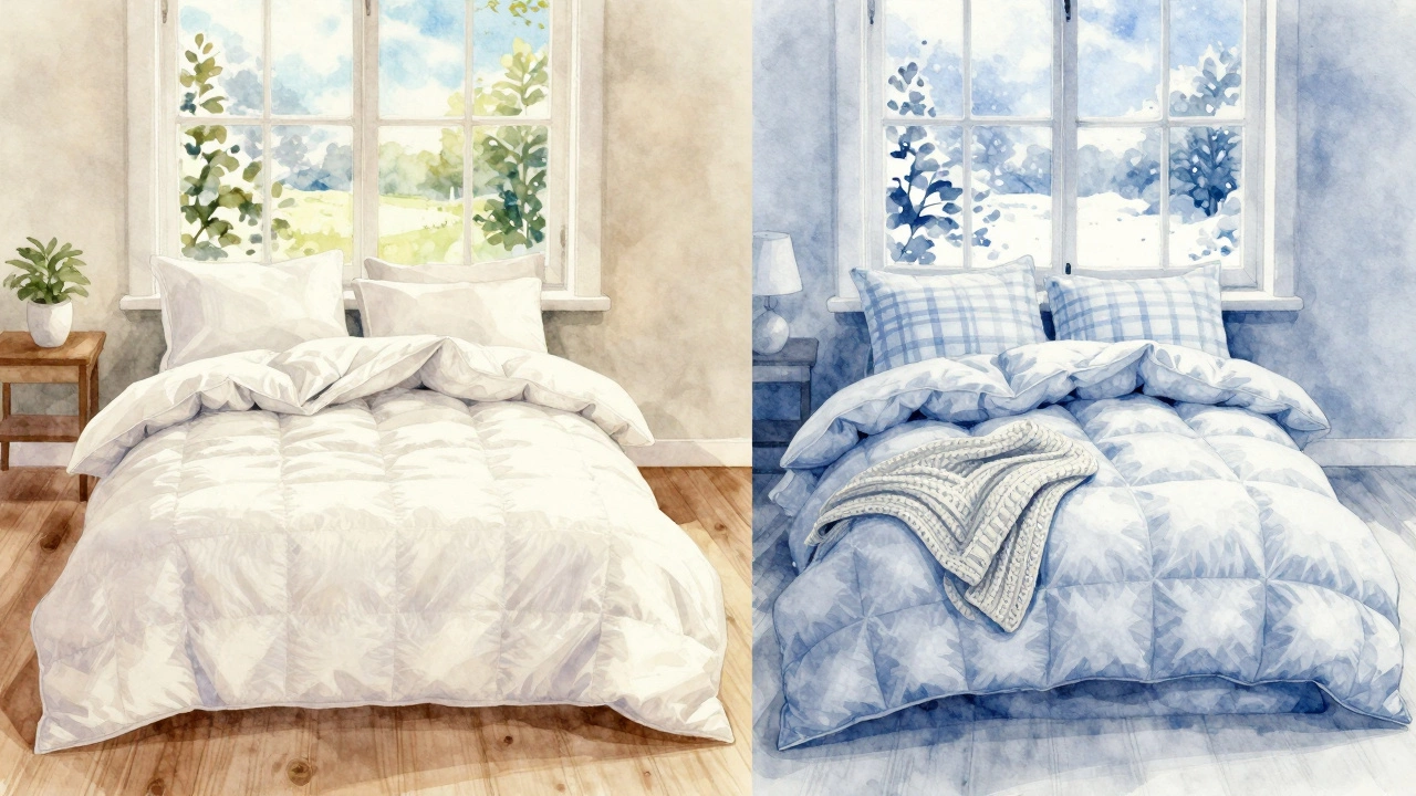 Seasonal bedding contrast: lightweight summer sheets and a thick winter duvet side by side, reflecting UK climate changes.