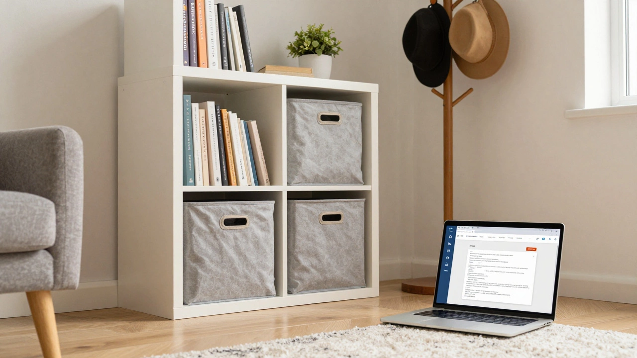 Smart home storage solution using under-bed bins, flipped bookshelf, and digital documents on a laptop.