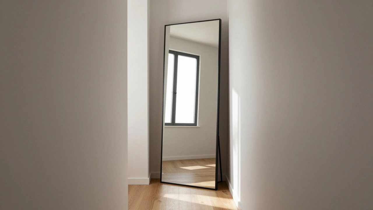 Tall mirror in hallway reflecting light and creating depth