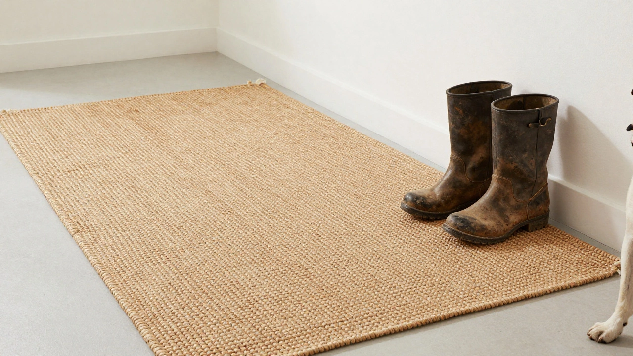 A durable sisal flatweave rug in a bright mudroom with muddy boots