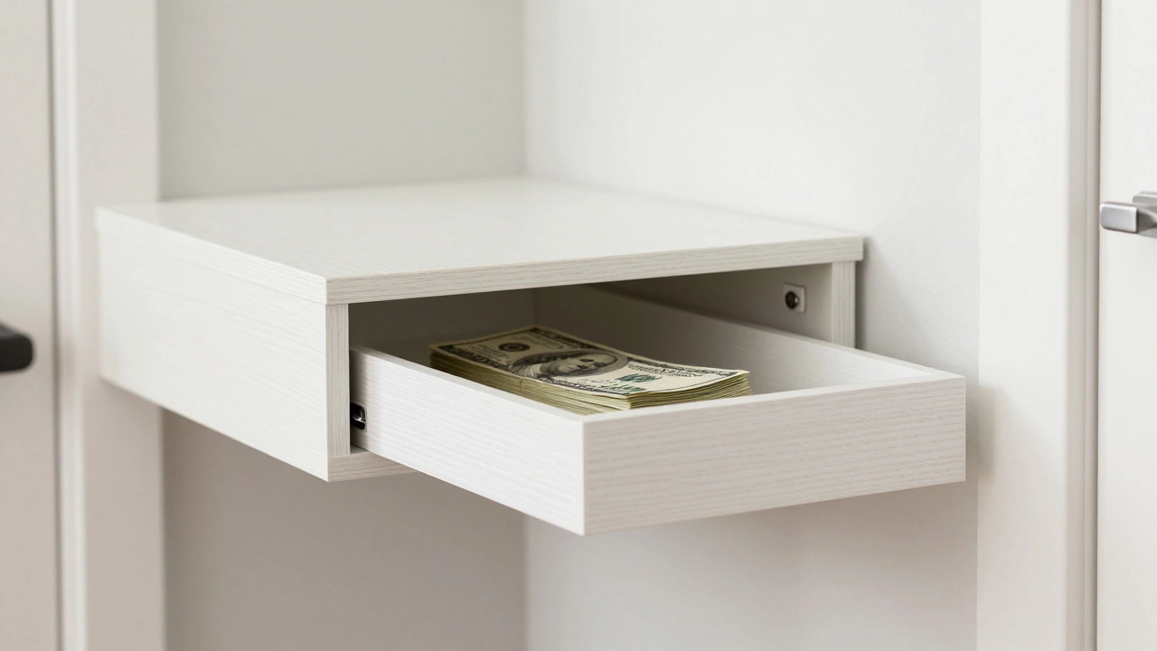 A hidden compartment in a floating white shelf revealing a stack of cash