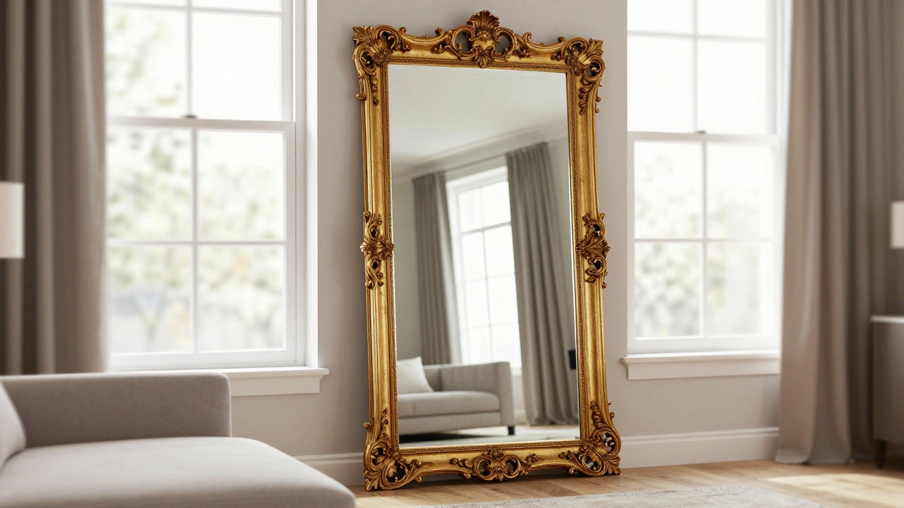 A large gold-framed oversized leaner mirror reflecting a bright, sunlit bedroom.